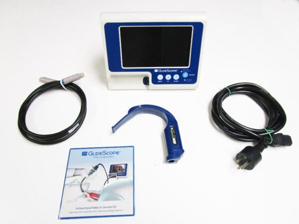 A medical device with a blue screen and a cord.