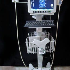 An ultrasound machine with a monitor and keyboard.