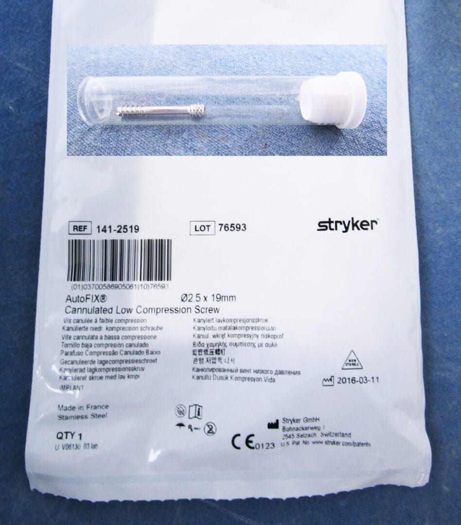 A package of stryker products is shown.
