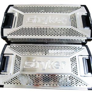 A pair of silver metal trays with black handles.