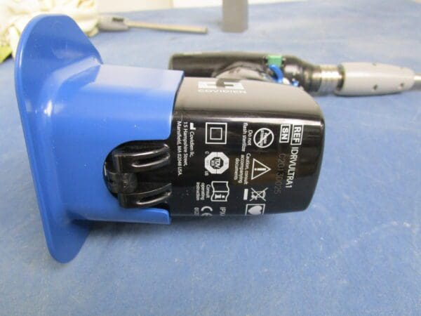 A close up of the battery on a blue bag