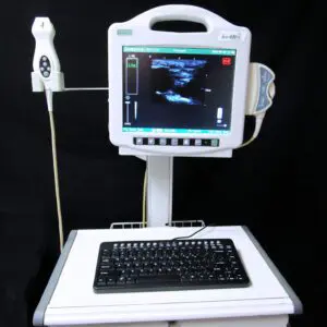 An ultrasound machine with a keyboard and monitor.