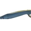 A close up of an electric toothbrush on a white background