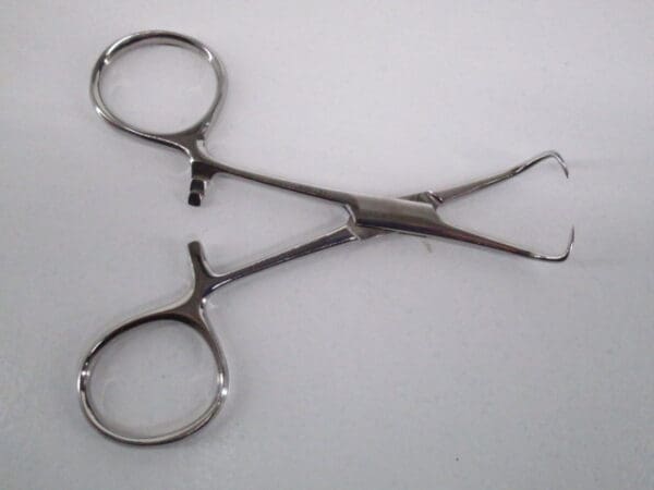 Surgical stainless steel hemostat clamp.