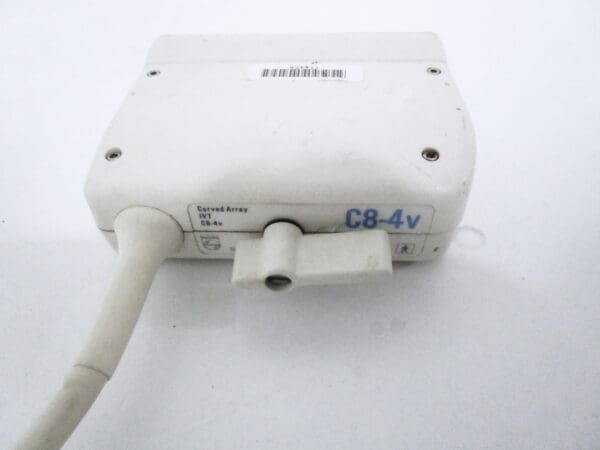 White C8-4v curved array ultrasound probe.