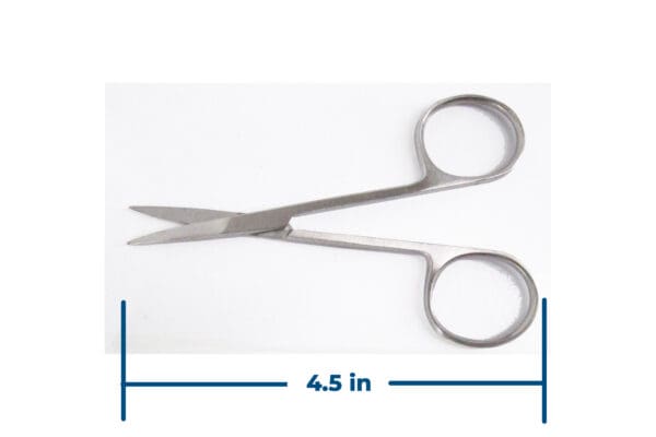 Surgical scissors, 4.5 inches long.