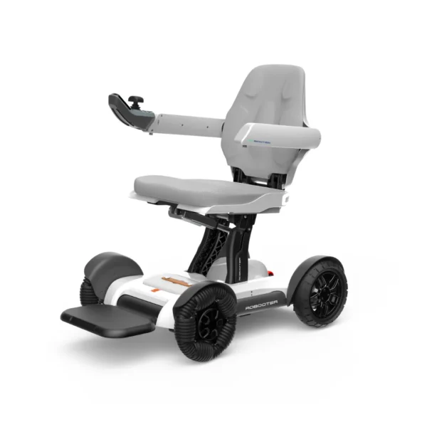 White electric mobility scooter with seat.