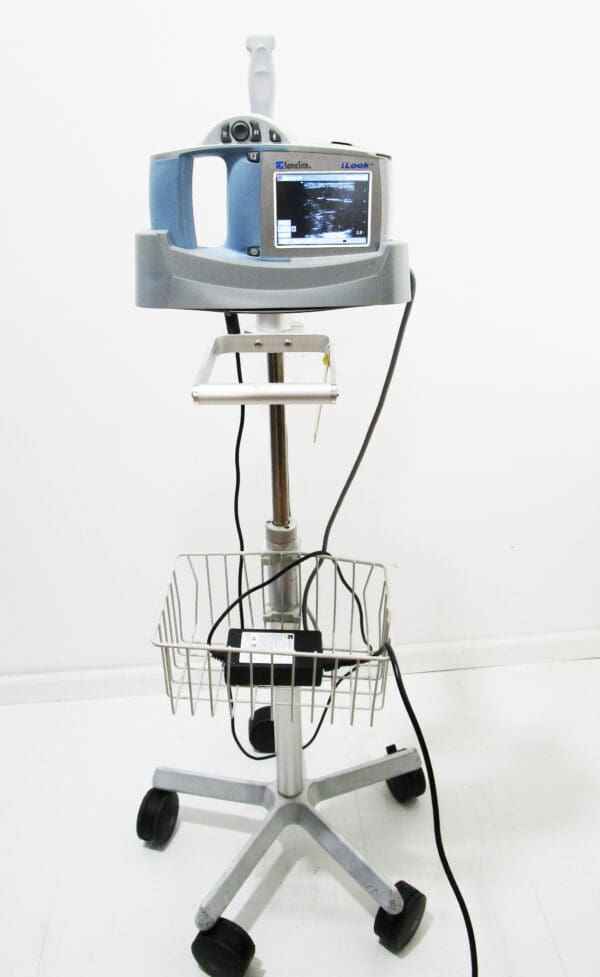 Portable medical ultrasound machine on a stand.