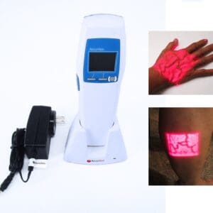 AccuVein vein finder with charger and examples.