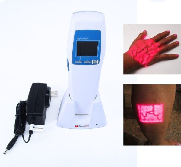 AccuVein vein finder with charger and examples.