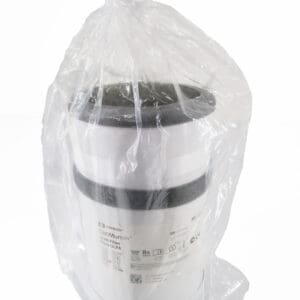 Plastic-wrapped air filter in packaging.
