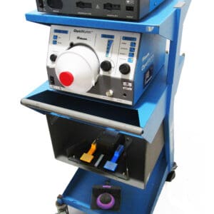 Blue medical equipment on wheels, multiple controls.