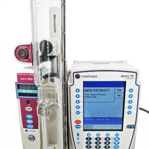 Bedside medication device showing "NEW PATIENT?" screen